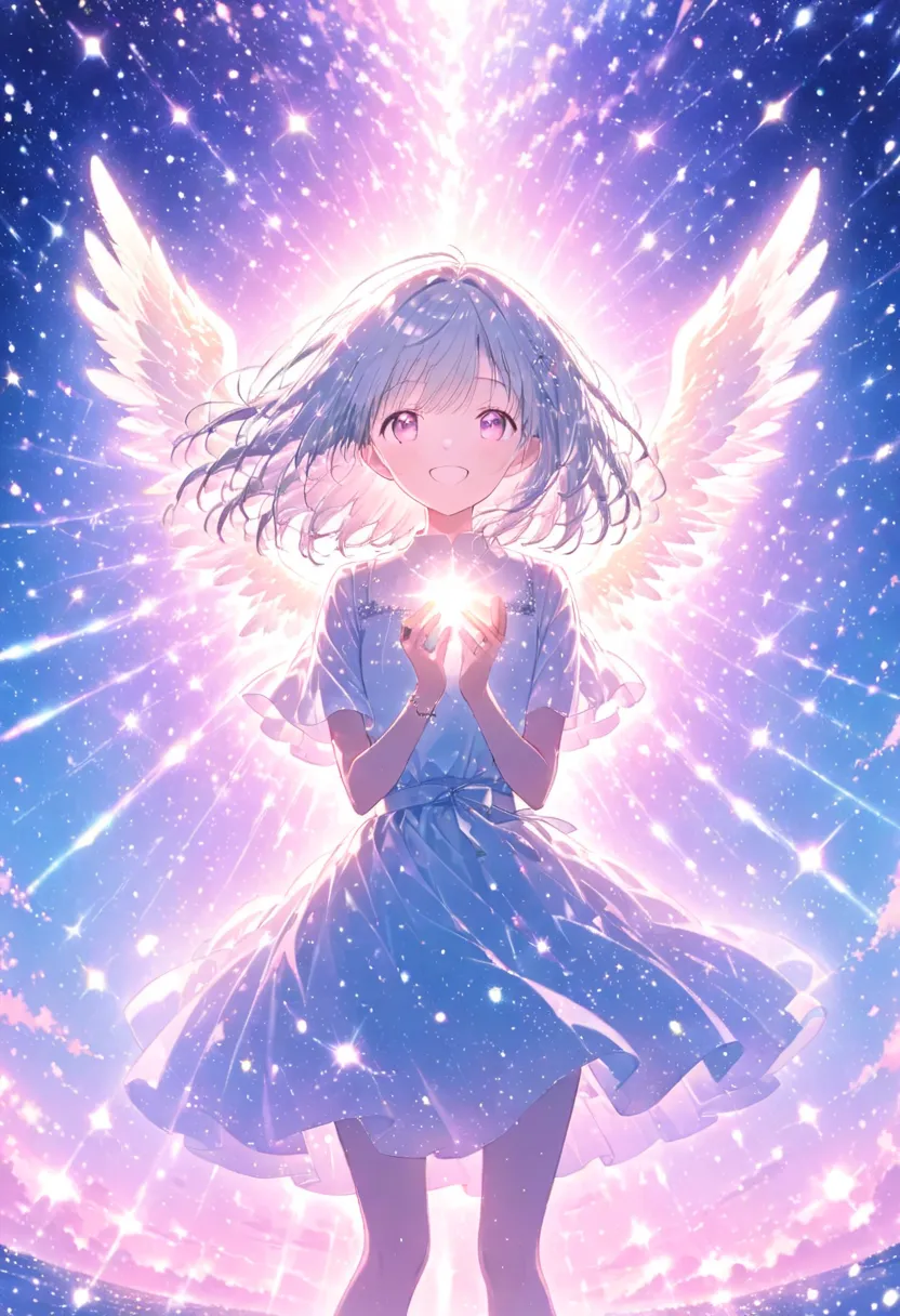 pastel、glowing picture  , one angel,4 wings , ring of angels ,whole body, see here,smile,white hair,pink eyes　 sky background 　h...