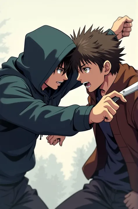 2d,anime guy in hood,punching a guy holding a pocket knife