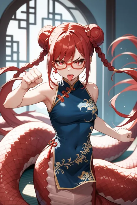 1girl,annoyed,best quality,ultra detailed,red glasses,red hair,red eyes,slit pupil,double bun,long twintails,twin braids,Qipao,cheongsam,beautiful face,glaring,cold gaze,split tongue,angry, lamia,monster girl, anime,action pose , rating_safe