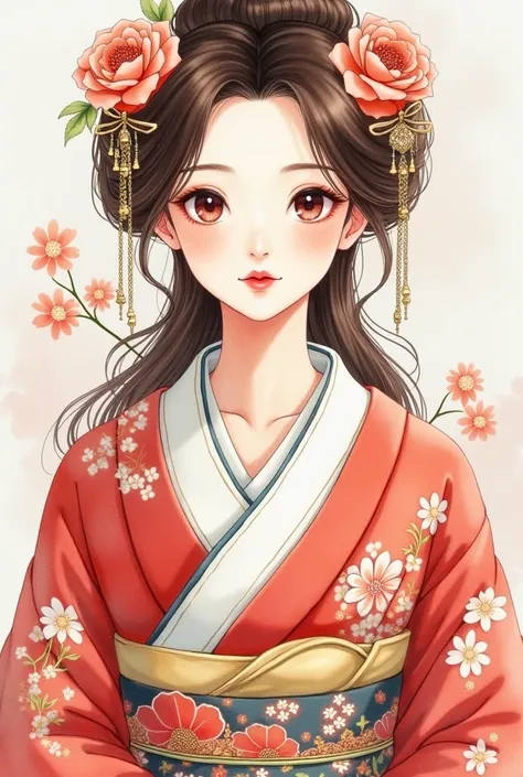   A watercolor-style portrait ， depicts A 60-year-old mature and charming Japanese woman dressed as a flower lady.  She has long, bright brown curls , Smiling,  and a pair of eye-catching deep eyes ，Elegant makeup.  She wears bright red lipstick , ， x} Her...