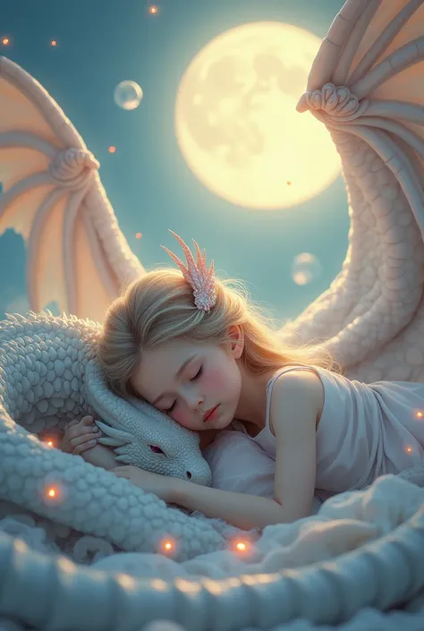 A digital painting of a fantasy scene with a young princess sleeping peacefully with her head resting on a majestic, iridescent dragon. The dragon has large, elegant wings. The scene is bathed in soft, magical light, creating a serene and protective atmosp...