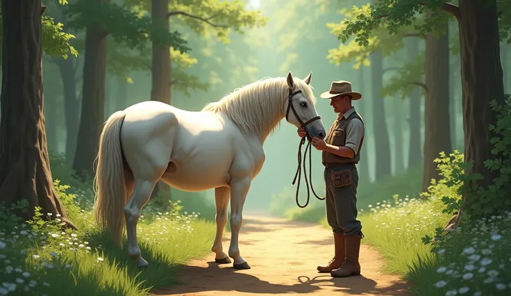 The farmer tying a white horse with a rope and walking on the forest path.