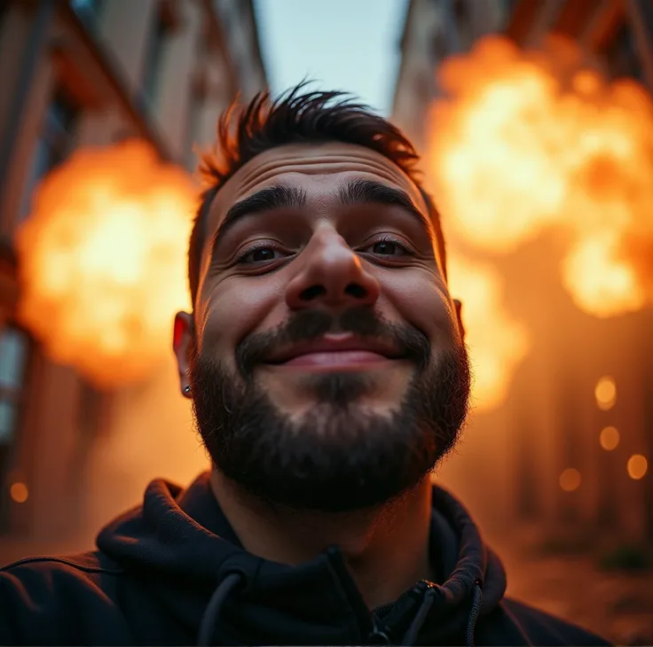 unique, High resolution,  looking at the viewer, short hair, Explosions, I smile, beard, sleepy, Facial expressions,  camera lens with a width of 70%, From below,  in widescreen format, The focal length is 35 mm, Canon, Aerial perspective, Full length char...