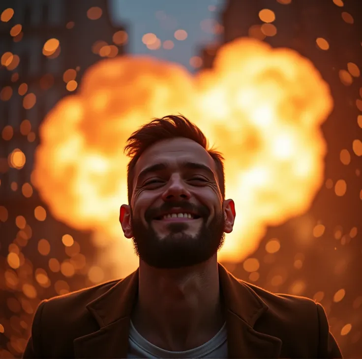 unique, High resolution,  looking at the viewer, short hair, Explosions, I smile, beard, sleepy, Facial expressions,  camera lens with a width of 70%, From below,  in widescreen format, The focal length is 35 mm, Canon, Aerial perspective, Full length char...