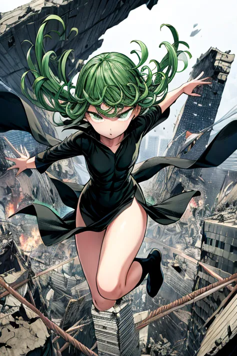 tatsumaki, floating, destroyed city background