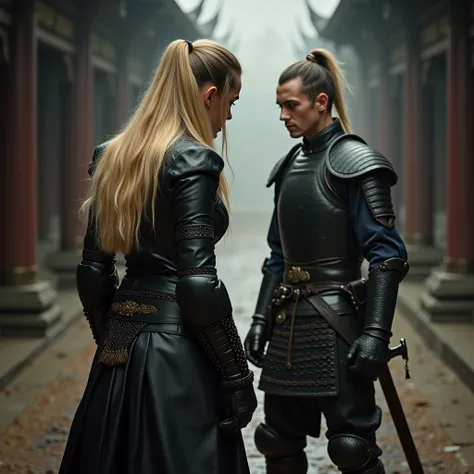 Young British college girl with very long straight blonde hair and hourglass figure dressed in black leather motorcycle jacket and matching leather motorcycle pants battling young ancient Chinese ryman dressed in dark chainmail inside an abandoned shaolin ...