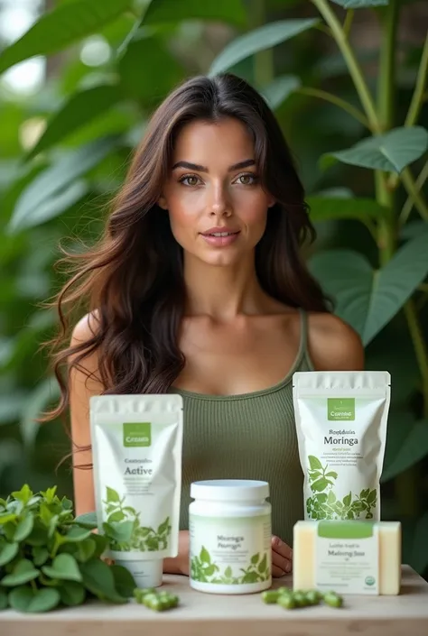  Show me a professional moringa crop and in front of the table a line of healthy moringa products .  Well packaged  .   There are dried leaves ,  moringa powder , capsules , cream,   moringa soap . Of everything .     The Caucasian brunette girl with unpar...