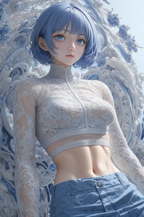 woman, short blue hair, bright blue eyes, detailed background, every detail is rendered in superb detail, perfect composition, masterpiece, best quality, 8k, ultra-detailed, very clear, perfect anatomy, detailed eyes, crop top, blue skirt
