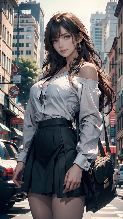 1 person, black_skirt, green_hair,  Building, city, cityscape, hair_between_eye,  jacket,  stare _in_audience, Moderate_hair,  multi color _hair, multiple_,   knight , off_ shoulder, Outdoor, plained_skirt, road,  shirt, skirt, Skyscraper, smile, one perso...