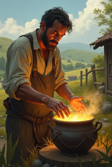 "The farmer putting his hand into the pot, as a golden glow surrounds it."