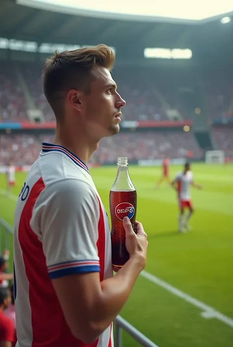 A handsome tall white young man wearing white and red striped t-shirts with a Pepsi beer bottled on a soccer field as if bloated watching the game with many audiences 