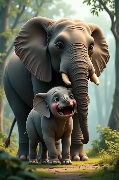 Create a baby elephants with his mother realistic energetic and trending he was crying 