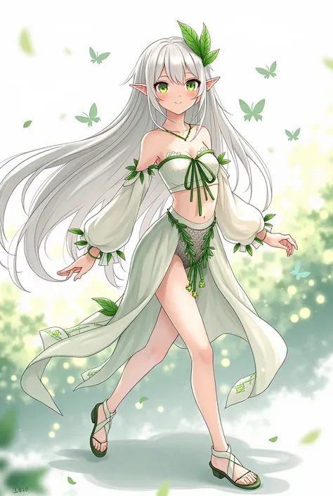 "An ethereal fantasy character walking slowly and elegantly toward the viewer, exuding grace and charm. She has long, flowing white hair adorned with green accents, including leaves woven into a single side braid. Her serene expression is highlighted by vi...