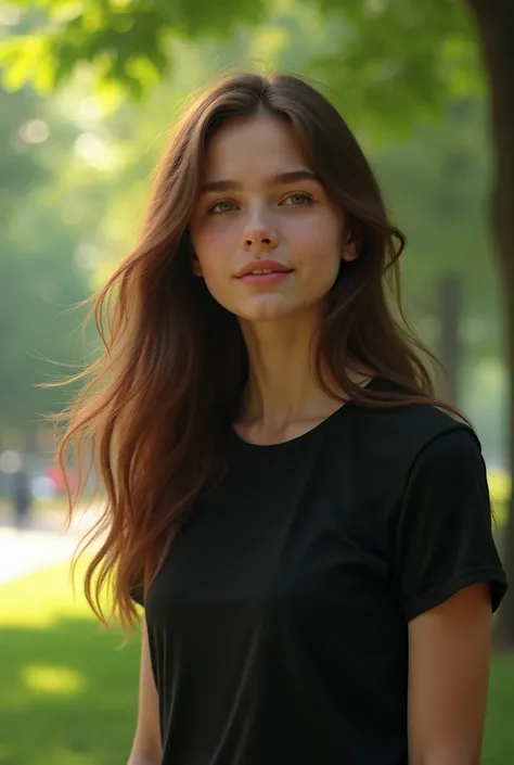 A 22-year-old brown-haired woman wearing a black shirt in the park