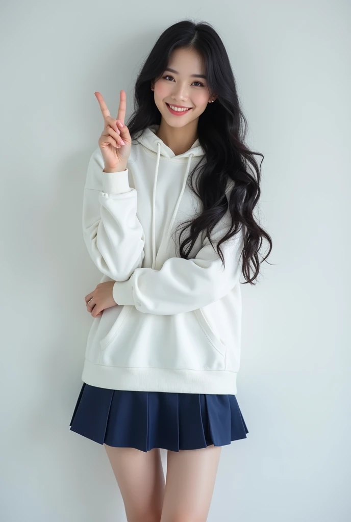 " super realistic image of a K-pop style woman , Korean beauty and long , Wavy black hair.  Arms crossed 、 wearing a white long-sleeved hoodie ,  navy blue mini skirt 、 white sneakers .  she poses with her right hand raised, Make a V sign."