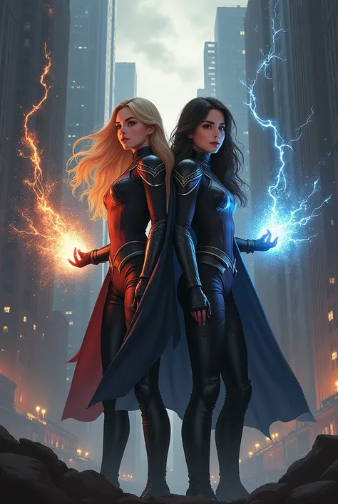 Une couverture dun livre intitulé «Protectors of Shadow and Light girls in New York» Les filles doivent être blonde et brune . Il faut montrer les pouvoirs des ténèbres et la lumière 