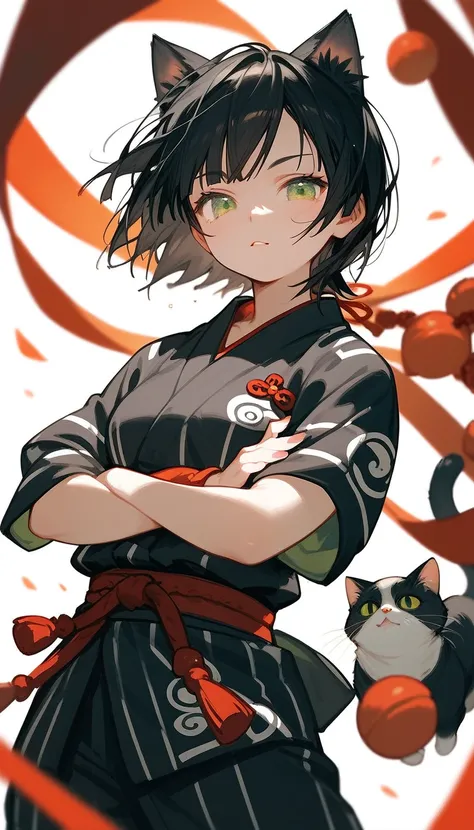 Girl half cat,Cat ears,Black hair, in green eyes ,Short hair,Black yukata shirt,Ninja,