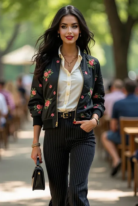 Full body head to toe beautiful white hourglass body shape woman, 57" tall, medium wavy black hair, deep green round, wearing completelly zipped up floral black nylon quilted bomber jacket with golden frontal zipper, black pinstripe wide leg bell bottom be...