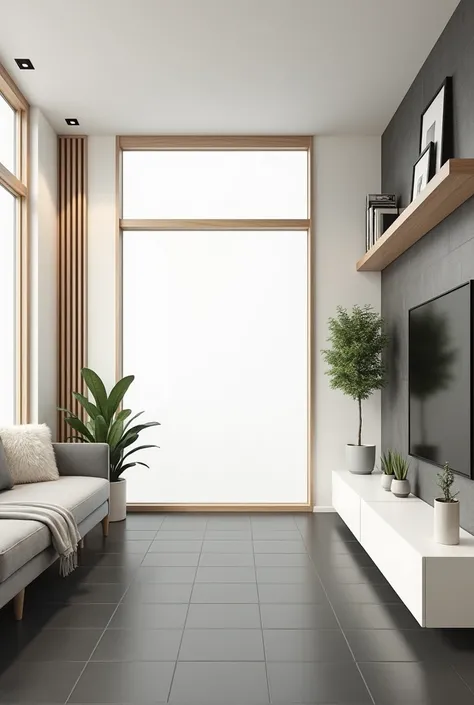 " Create an illustration of a modern living room in perspective,  with the vanishing point centered on the large window in the background . The room should have a rectangular shape , com o piso de cerâmica em Gray tone  escuro.  The larger wall on the righ...