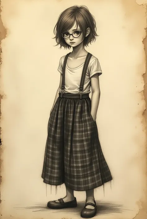 Rough charcoal sketch on old paper, russian tomboy girl with short shaggy brown hair and extremely small breast, rounded face, glasses, brown eyes, Suspenders cover nipples, plaid skirt-maxi, pensive, Dynamic