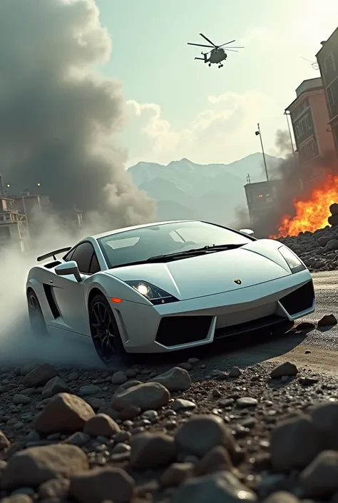 white Lamborghini Gallardo, Alpen Mountains, war zone, drifting, smoke, building burning, explosion, tanks, war chopper, side shot