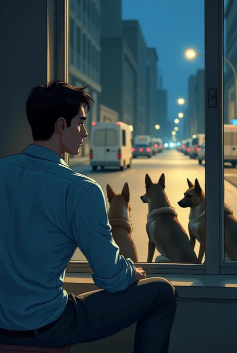  "Illustrate an emotional moment featuring a man in a formal light blue shirt, with rolled-up sleeves, a loosened tie, and gray trousers. He is sitting by a window at night, gazing out at a group of loyal dogs patiently waiting on the street illuminated by...