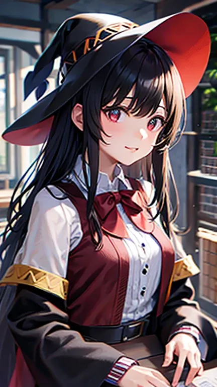 Red Triangular Hat 　 A Girl Wearing a Western Robe , Occupation is a Wizard 　  elaborate digital illustration,  Beautiful Artwork Illustrations,  amazing digital illustration、 Megumin appearing in Konosuba 　 Realistic Worldview of a Blessing to This Wonder...