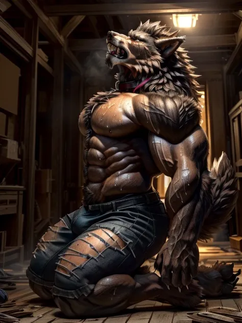 一个男人kneel在地上， muscular Werewolf, angry high moral sexy Werewolf, tear,,  furry wolf , muscular and terrifying, Werewolf man, Werewolf, strong and imposing, (SFW)  good for work , Doll Werewolf, Anthropomorphic wolf, SFW version,Werewolf， brown fur，Masculin...