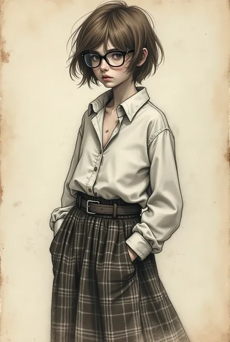 Rough charcoal sketch on old paper, russian tomboy girl with short shaggy brown hair and extremely small breast, rounded face, glasses, brown eyes, white unbuttoned shirt oversize and plaid skirt-maxi, belt, pensive, Dynamic