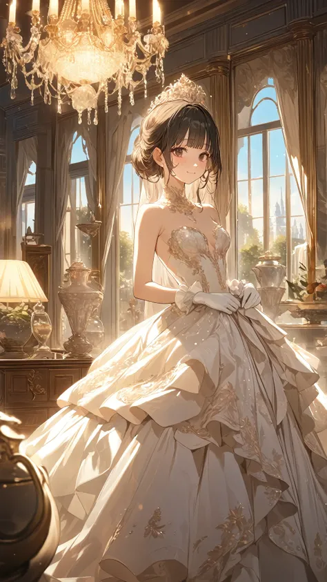 1 girl, ( cute face), hime cut, to many hairstyle,  Luxurious Princess Dress, ruffled gloves,  Pottery skin ,  medium breasts, break, Inside the palace, (Dreamy Light:1.3),  Elegant Atmosphere , break,  Beautiful Chandeliers ,  luxury decoration , Tale Lik...