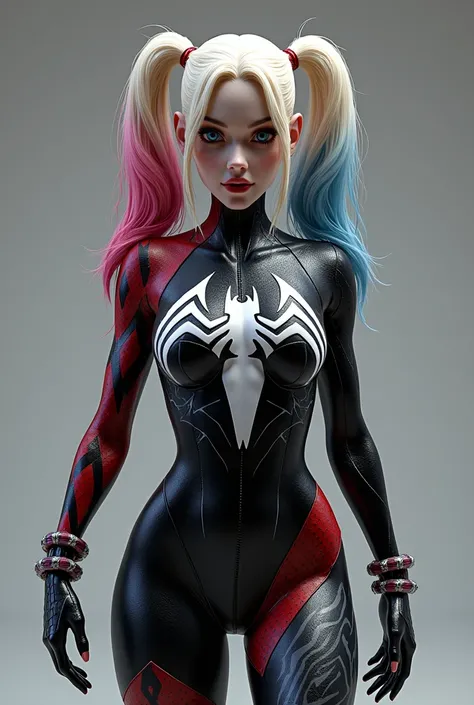 in a 3D render in UHD quality the fusion of Harley Quinn and Venom is shown, the image retains the outfit and the female figure of the character Harley Quinn but the shiny black skin of Venom.