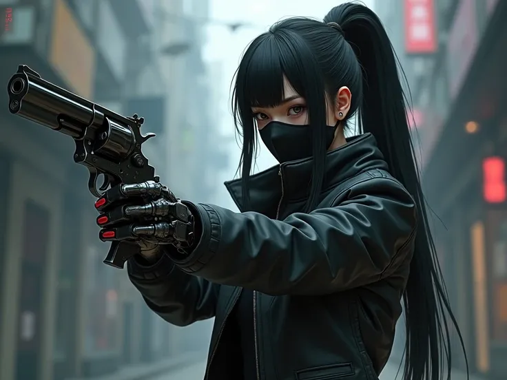  girl, mechanical left hand , long black jacket ,right hand ,revolver colt paterson, black ponytail,  black Oni mask.