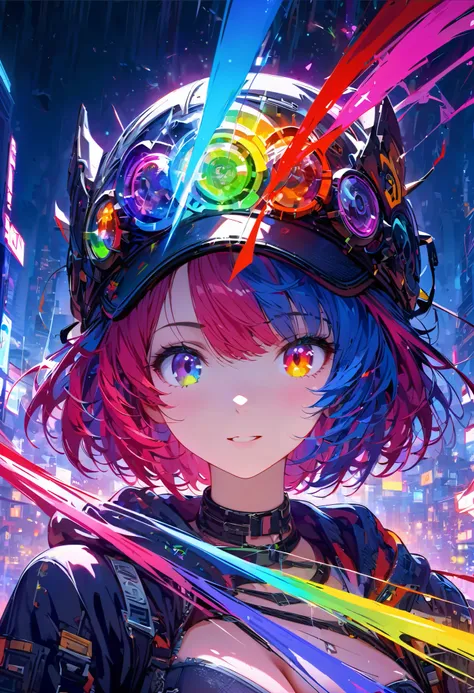 {{Masterpiece,Best Works}}, high quality,  ultra-fine CG Unity ,8K Wallpaper,  lens flare , ( detailed beautiful eyes),particle,miss,Berry short hair,[Cool face,(( colored mechanical wool )),rainbow eyes,Heterochromia iridum, whats the big deal ,黑紫色Body, i...