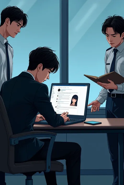 A manhwa-style scene in a sleek office where Mingyu a korean handsome idol sits across from his manager guy and a cybercrime police officer. 

Mingyu looks frustrated, dressed in a stylish K-pop idol outfit. The cybercrime officer holds a folder and gestur...