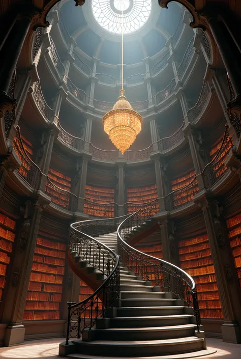 spiral staircase in a huge library with a rope in the middle hanging with chandelier on top