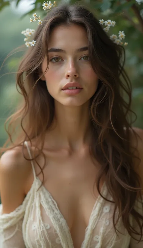 A beautiful white woman with long brown hair is high and she is wearing a sweet dress of the original color with accessories.