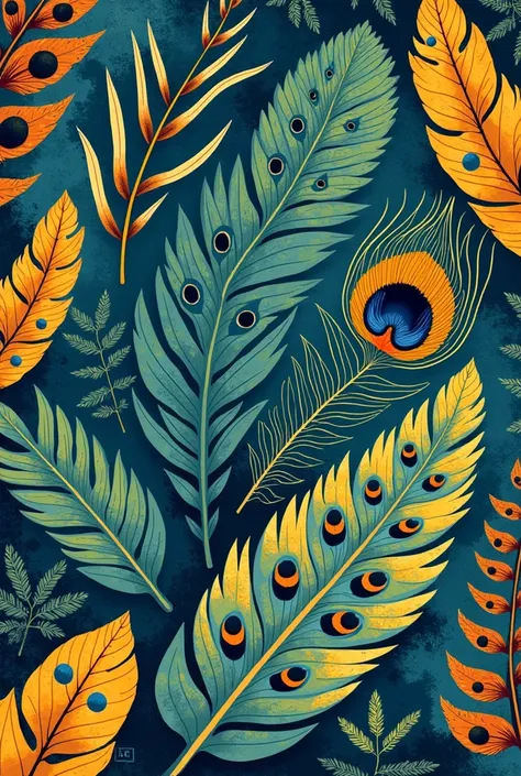 A retro animal print design featuring colorful bird feathers, owl spots, and peacock patterns in vibrant blues, greens, and yellows, with a textured, vintage feel. The design should have a free-spirited, vibrant vibe, ideal for a nature-inspired t-shirt."