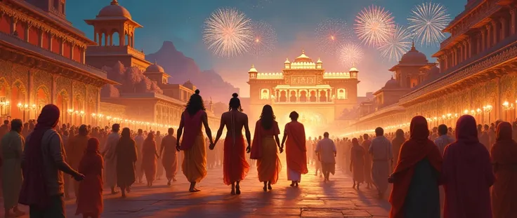 The streets of Ayodhya are filled with thousands of oil lamps (diyas). The city is adorned with colorful decorations and flowers. Ram, Sita, Lakshman, and Hanuman walk into the city, with people cheering and welcoming them. The sky is filled with fireworks...