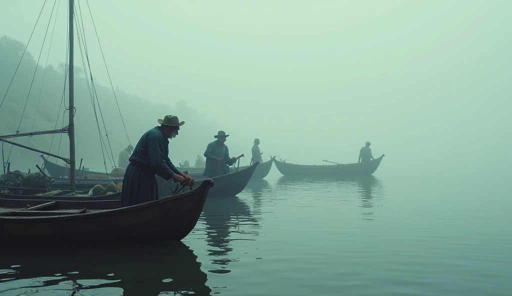  A cloudy morning on the Madeira River ,  fishermen in various boats looking at the calm water, as if looking for something .  The atmosphere is still slightly bleak .