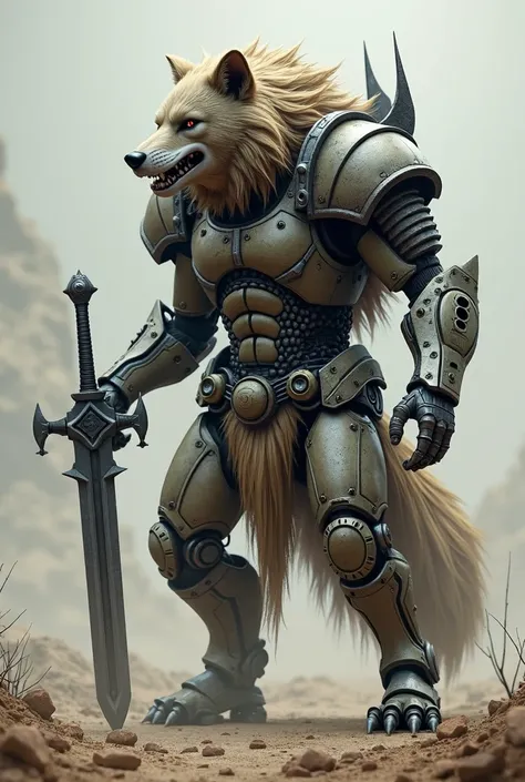 a half robot wolf with fur on many parts of body, scar on right eye, wearing an armor, and having sword in hand