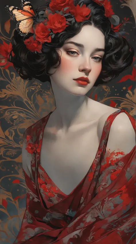 
a breathtaking fascinating sweet dreams cute dreamy and captivating illustration of an elegant queen using chiaroscuro techniques. The queen should have short hair without bangs, and her beautiful eyes should draw the viewer in. She is adorned in a luxuri...