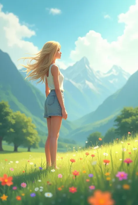 a girl with the blonde long hair, standing in grassfield with flower at high ground, mountain and valley at the background, portrait bokeh, windy aesthetic picnic vibe, side view look