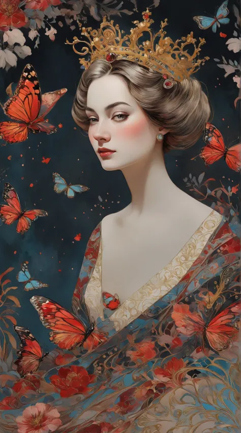 
a breathtaking fascinating sweet dreams cute dreamy and captivating illustration of an elegant queen using chiaroscuro techniques. The queen should have short hair without bangs, and her beautiful eyes should draw the viewer in. She is adorned in a luxuri...