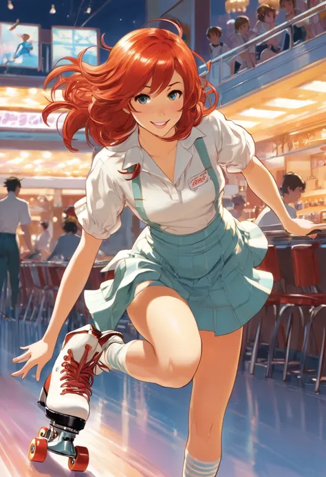  waitress ,   redhead,   roller skating,  ,  Makoto Shinkai,  art：J.c. Ryendecker 