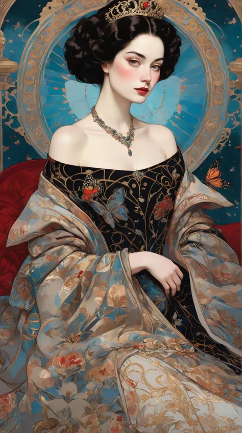 
a breathtaking fascinating sweet dreams cute dreamy and captivating illustration of an elegant queen using chiaroscuro techniques. The queen should have short hair without bangs, and her beautiful eyes should draw the viewer in. She is adorned in a luxuri...