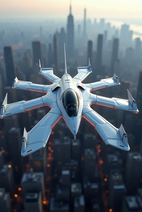 Futuristic plane with 6 wings flying over New York