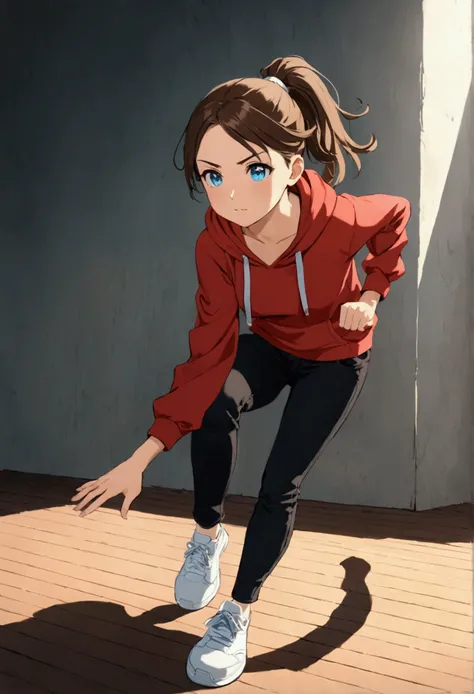 A single 2D hand-drawn character of a young girl with medium-length straight brown hair tied into a ponytail, wearing a red hoodie with a white stripe, black jeans, and white sneakers. She has fair skin and bright blue eyes. In this frame, the character is...