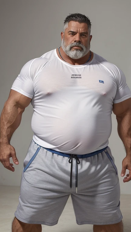 fat middle-aged male professional wrestler。Huge belly。 huge muscles。(((WhiteＴ shirt)))。GREY SWEAT SHORTS 。 The crotch of the sweat shorts is very big and bulging。 Tanned Skin。 for glossy skin。Glowing Skin。Full body portrait。詳細な描写。Precise depiction。 highest...