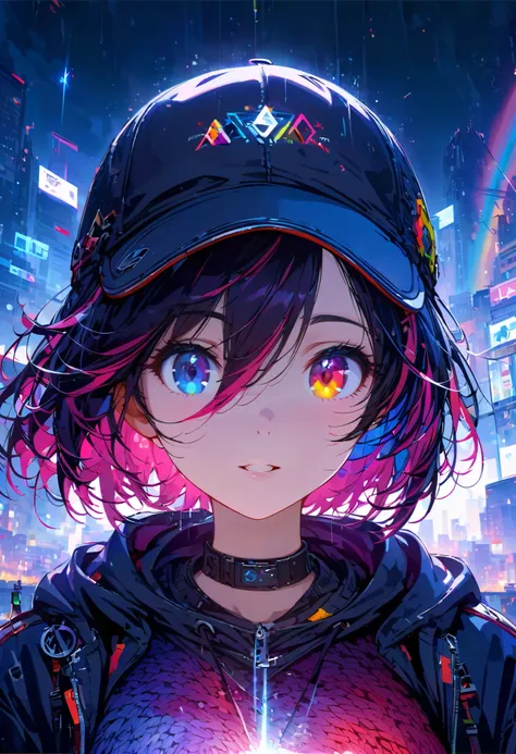 {{Masterpiece,Best Works}}, high quality,  ultra-fine CG Unity ,8K Wallpaper,  lens flare , ( detailed beautiful eyes),particle,miss,Berry short hair,[Cool face,(( colored mechanical wool )),rainbow eyes,Heterochromia iridum, whats the big deal ,黑紫色Body, i...