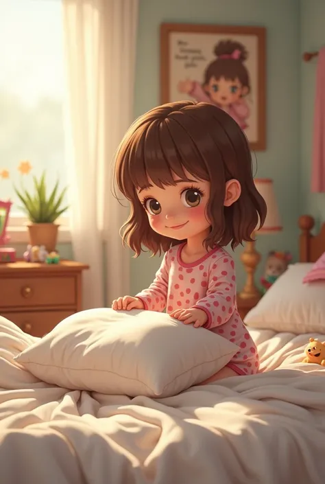  A  with brown hair and light eyes is making her bed in bedroom . She wears colorful pajamas and ,  with a smile of concentration ,  pull the covers to stretch and make the bed tidy .  Her small arms move carefully ,  folding the edges of the sheet and arr...